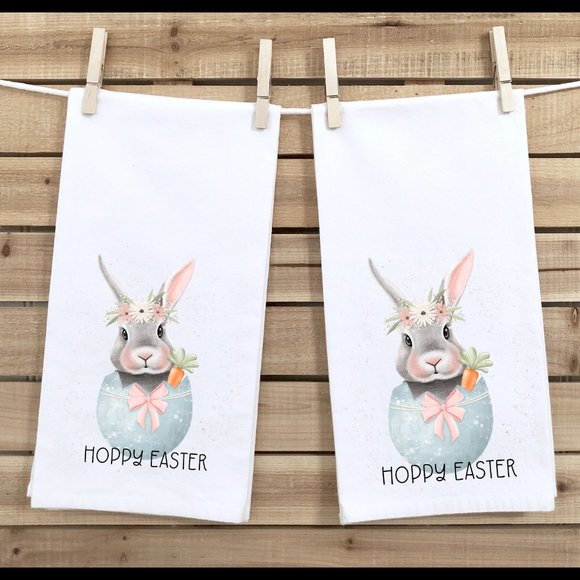 Easter Tea Towels, Set of 2, Waffle Weave Microfiber, Hoppy Easter - Picture 1 of 2